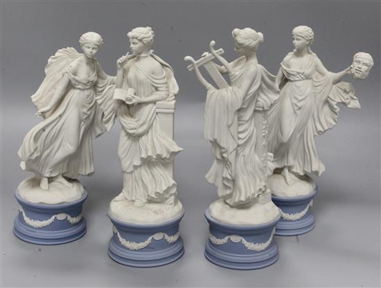 Four Wedgwood bisque pottery figures of the Muses, each on jasperware base, height approx. 25cm